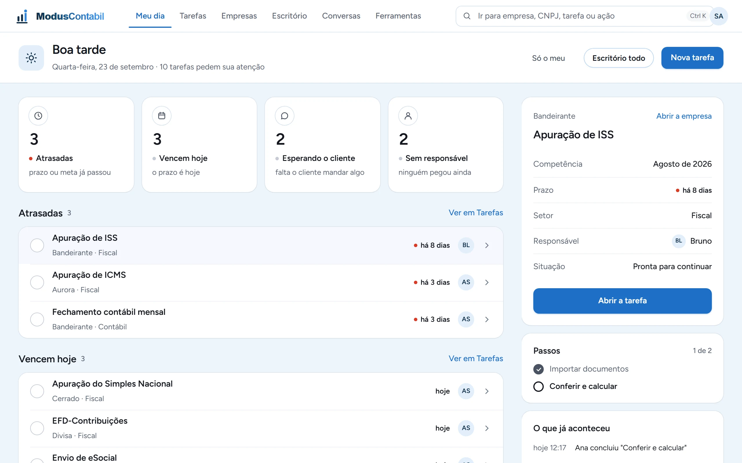 Real ModusContabil screen, My day: how many tasks are overdue, due today, waiting on the client or unassigned, the list for each group and, beside it, the selected task's details with steps and history.