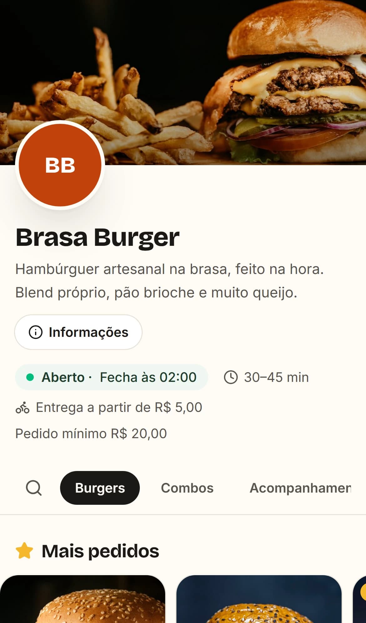 Real MenuPróprio screen on the customer's phone: the menu of a demo burger restaurant, with opening hours, delivery and categories.