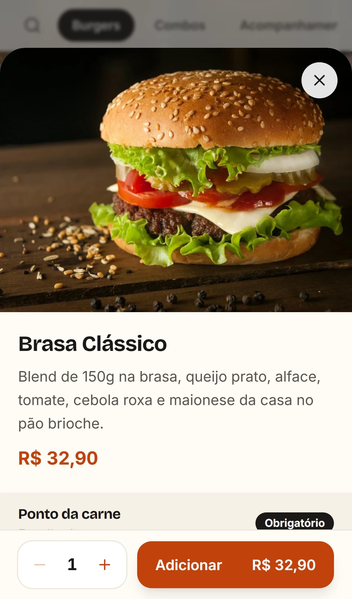 Real MenuPróprio screen on a phone: the Brasa Clássico item open, with photo, description, price, a choice of how the burger is cooked and an add button.