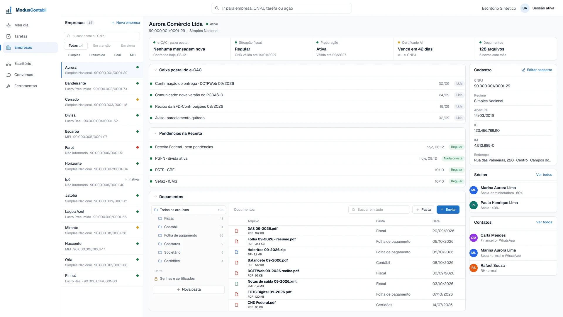 ModusContabil, Companies screen: the list of companies with each one’s status and an open company record, with e-CAC, tax office, documents, partners and contacts.