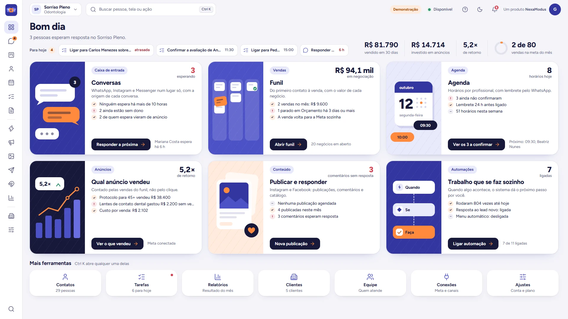 ModusSuite home screen: good morning, conversations waiting, sales pipeline, schedule and which ad sold.